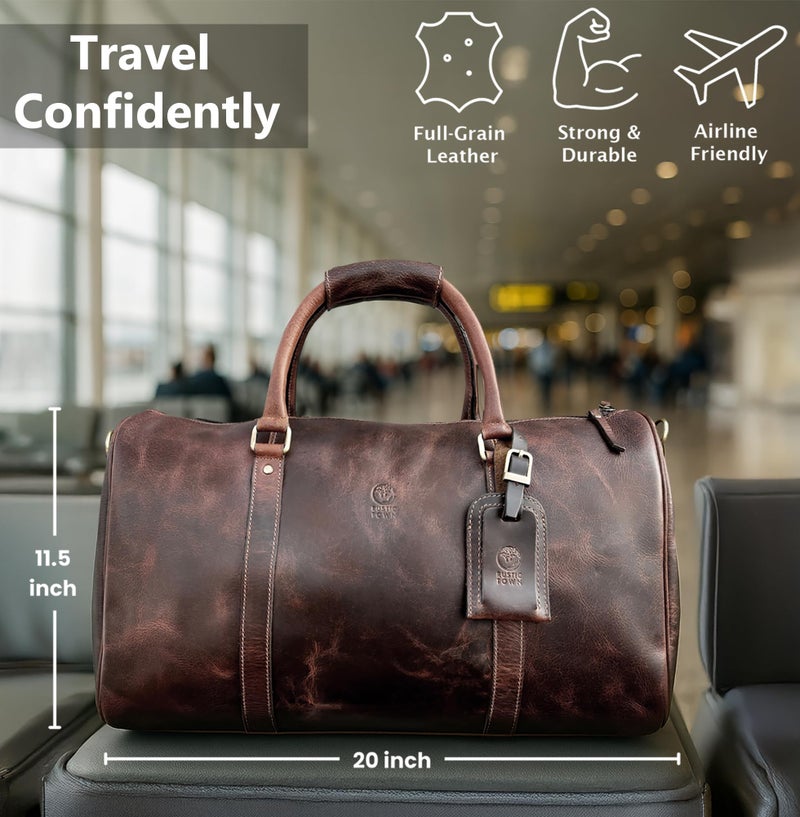 Rustic Town Leather Holdall Bags for Men - Travel Overnight Duffle - Weekend Carry On Suitcase - Underseat Flight Cabin Duffel Bag, Mulberry, L, Leather Overnight Bags for Men - Image 2